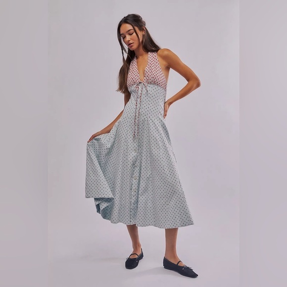 Free People Dresses & Skirts - NWT Free People Stelladonna Linen Blend Polka Dot Midi Dress Large